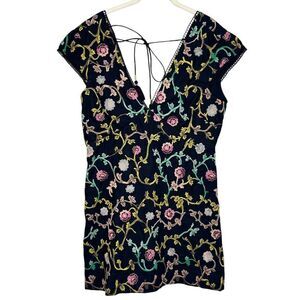 Anthropologie Embroidered Mini Dress Size 8 Black Floral Garden Party Tie Back